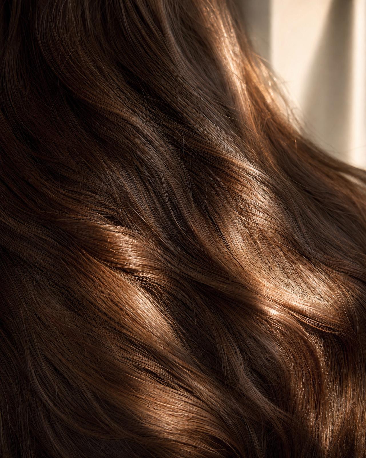 Editorial macro photograph of glossy flowing hair